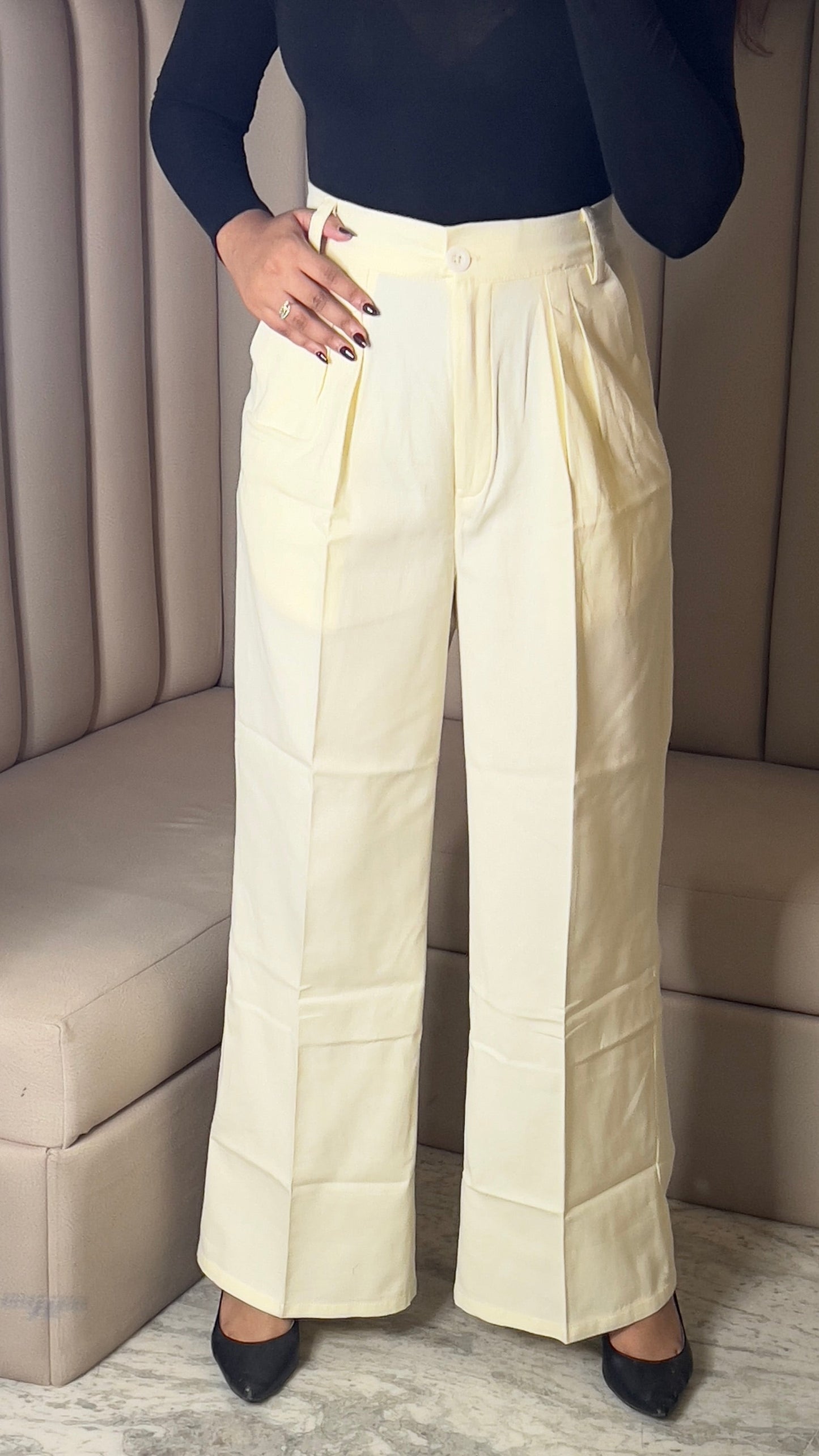 High-Waist Pleated Ivory Trousers