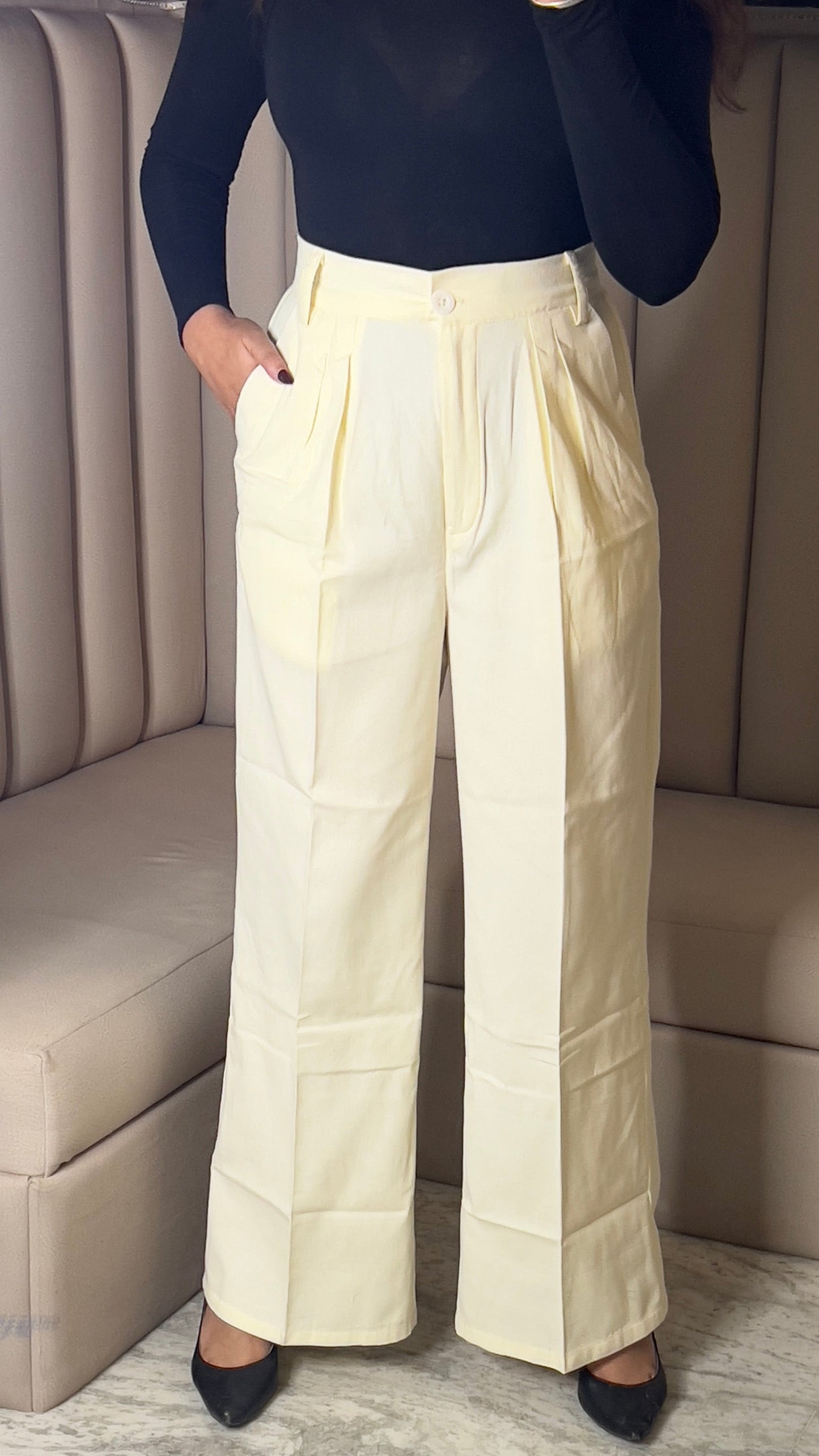 High-Waist Pleated Ivory Trousers