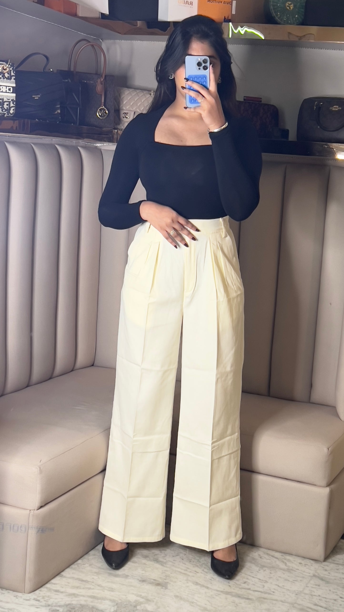 High-Waist Pleated Ivory Trousers