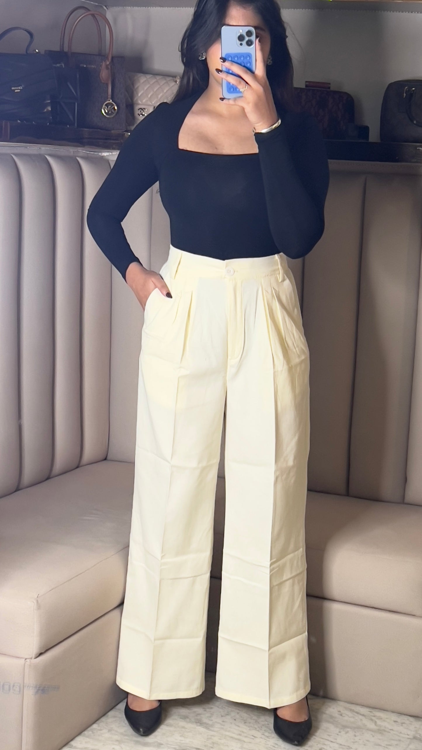 High-Waist Pleated Ivory Trousers