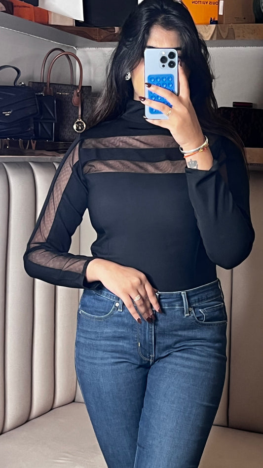 Sheer Panel Black Mesh Top
