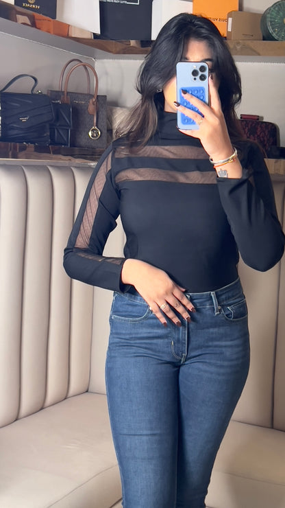 Sheer Panel Black Mesh Top
