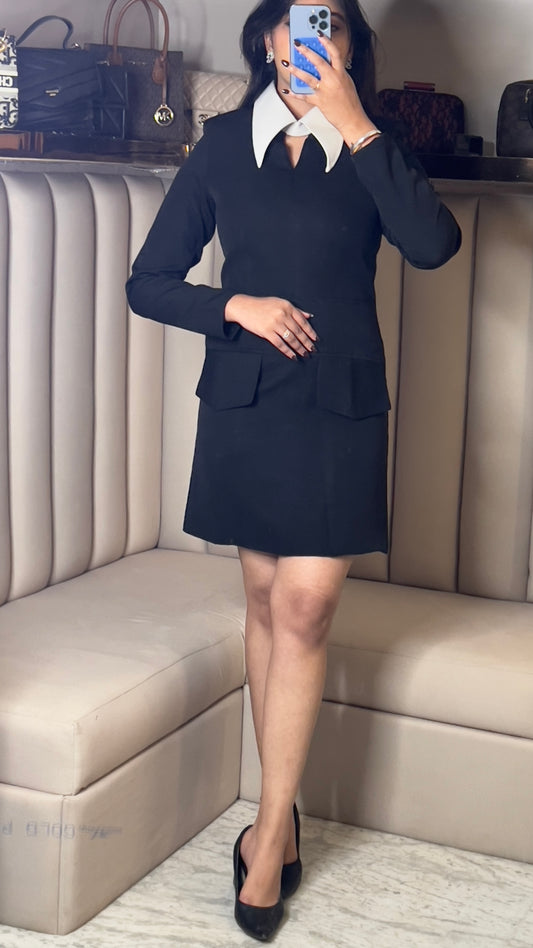 Contrast Collar Black Mini Dress