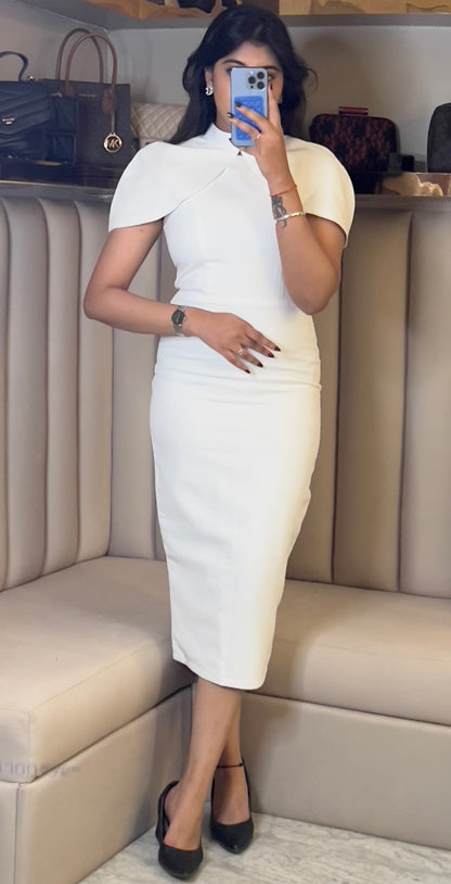 Structured Cape-Sleeve Midi Dress