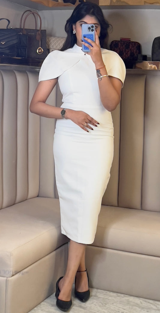 Structured Cape-Sleeve Midi Dress
