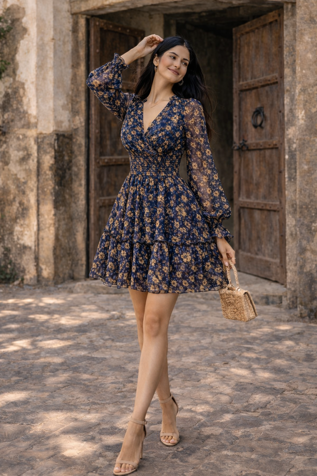 Navy Floral Tiered Short Dress