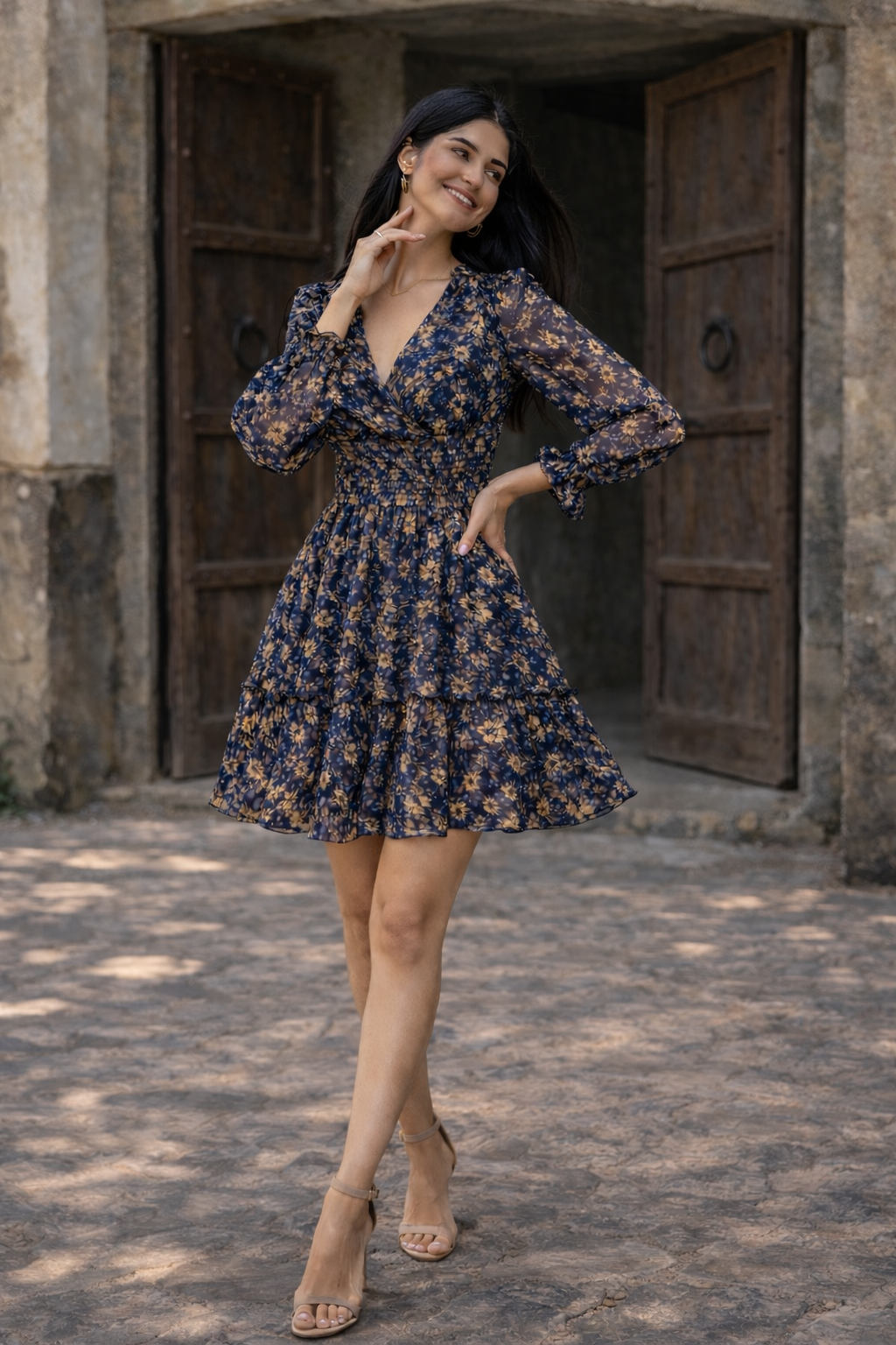 Navy Floral Tiered Short Dress