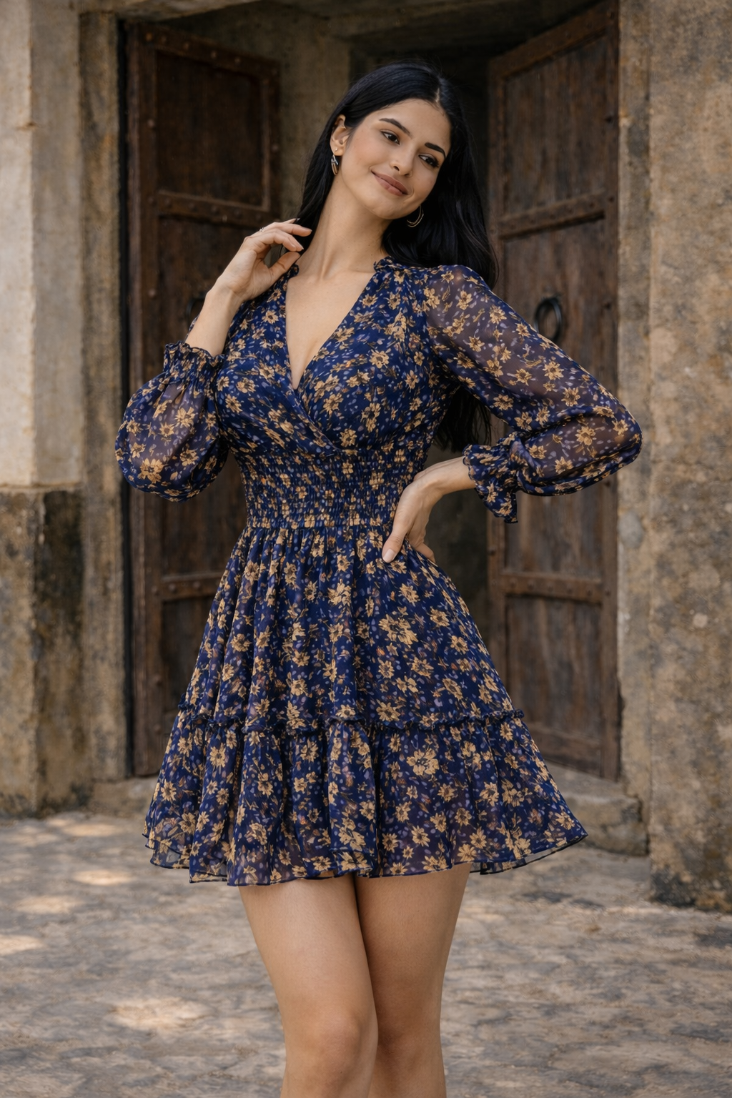 Navy Floral Tiered Short Dress