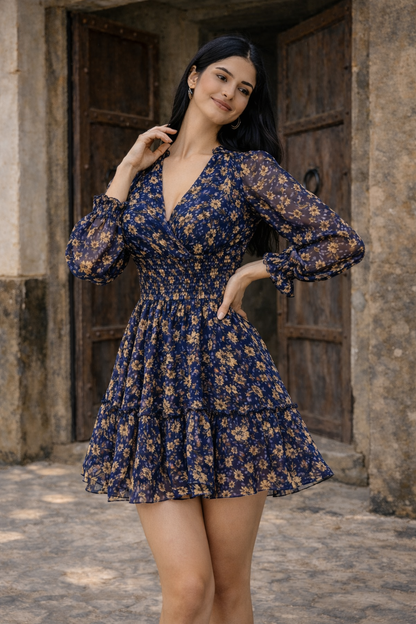 Navy Floral Tiered Short Dress