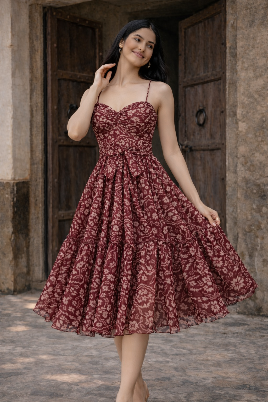 Burgundy Floral Midi Dress