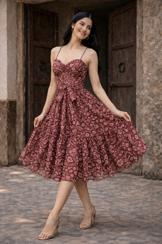 Burgundy Floral Midi Dress