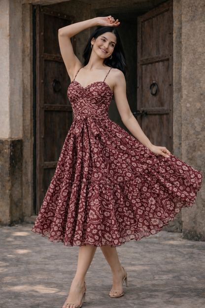 Burgundy Floral Midi Dress