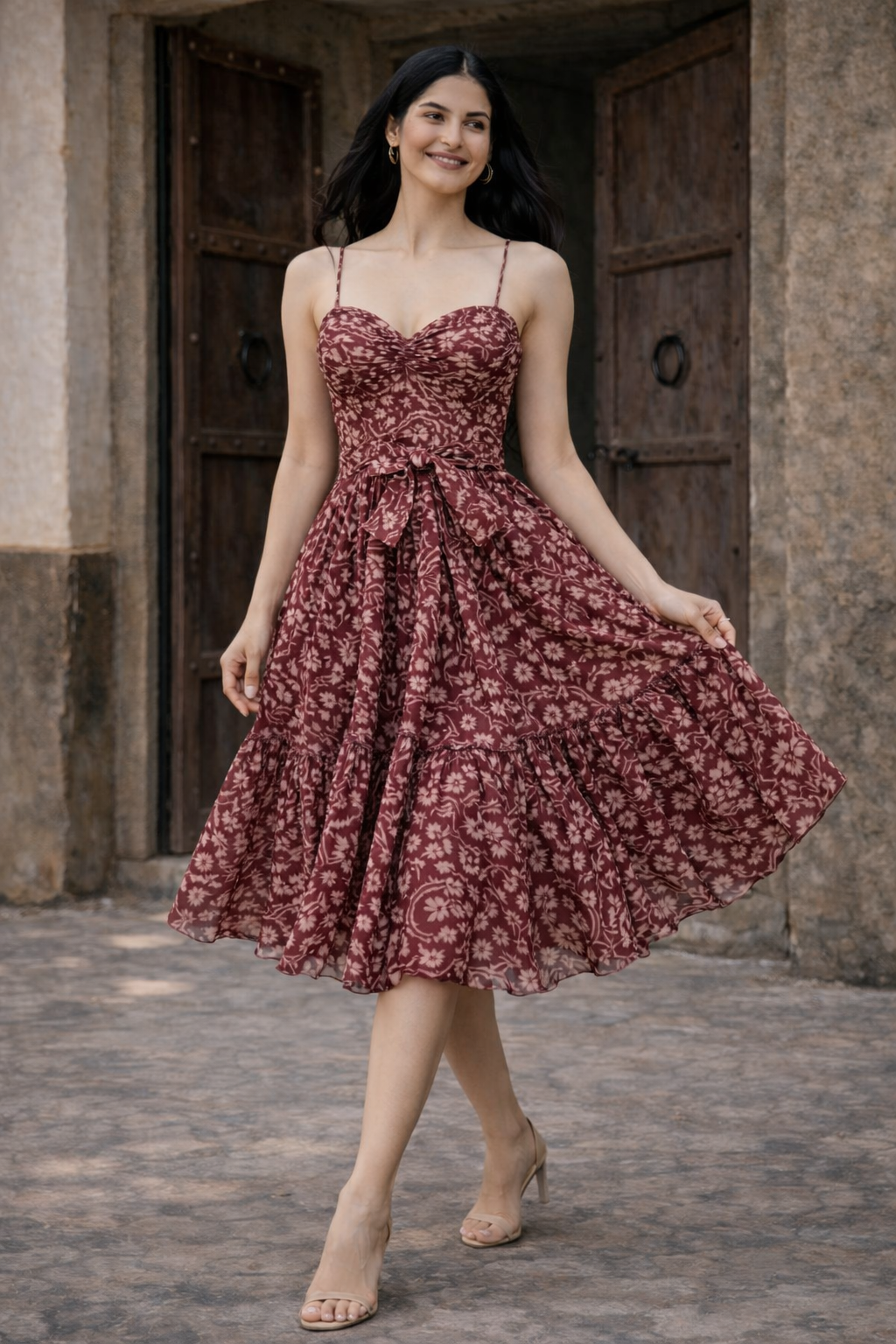 Burgundy Floral Midi Dress