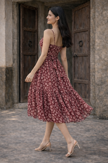 Burgundy Floral Midi Dress