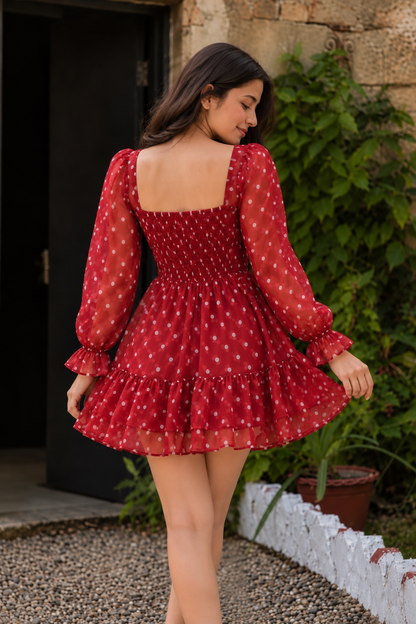Ruby Red Polka Dot Ruffle Mini Dress