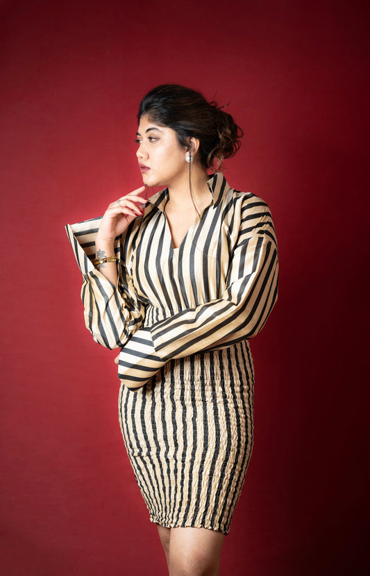 Regal Beige Striped Bodycon Dress